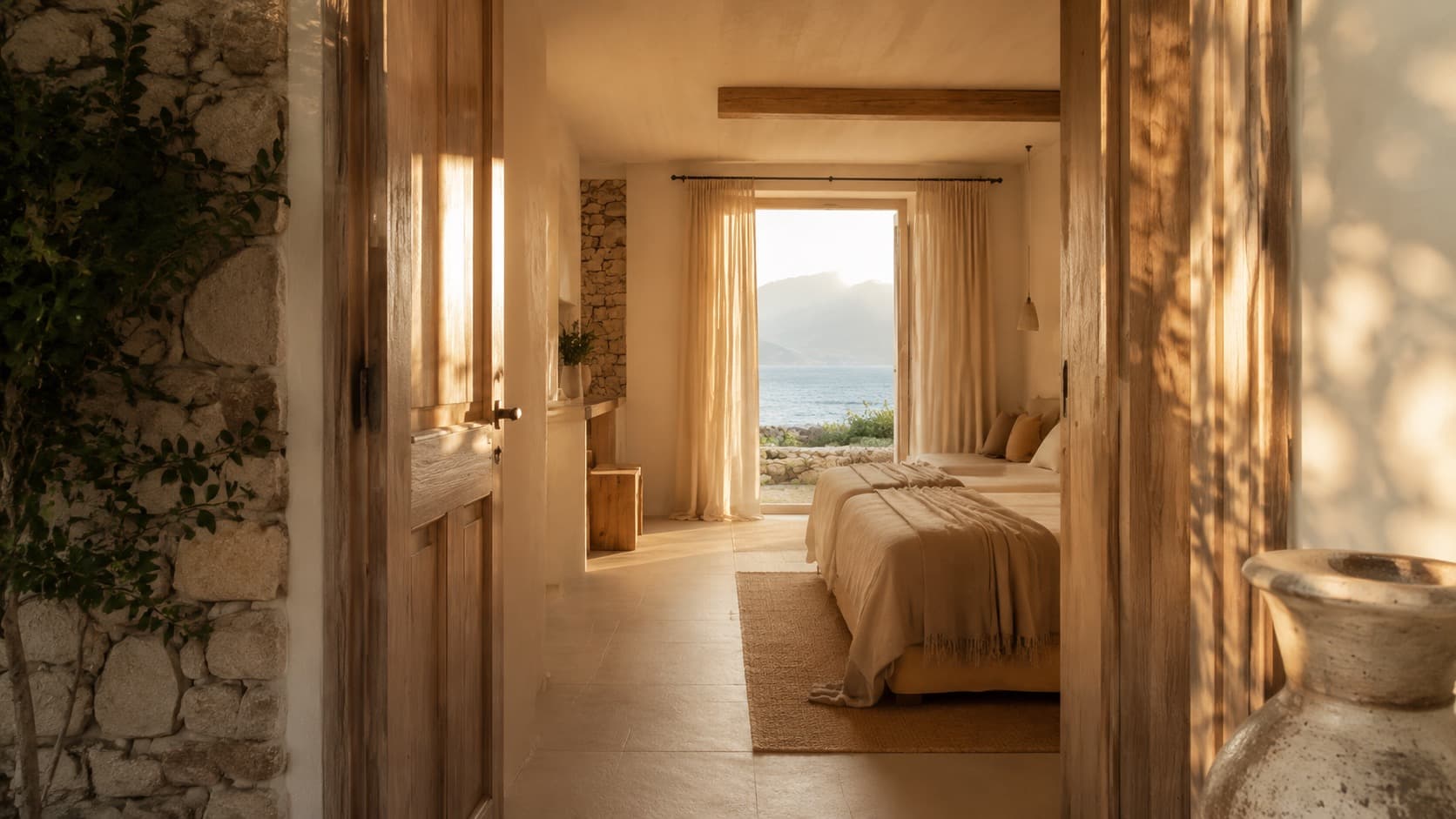 Cinematic still moving through a coastal guest room
