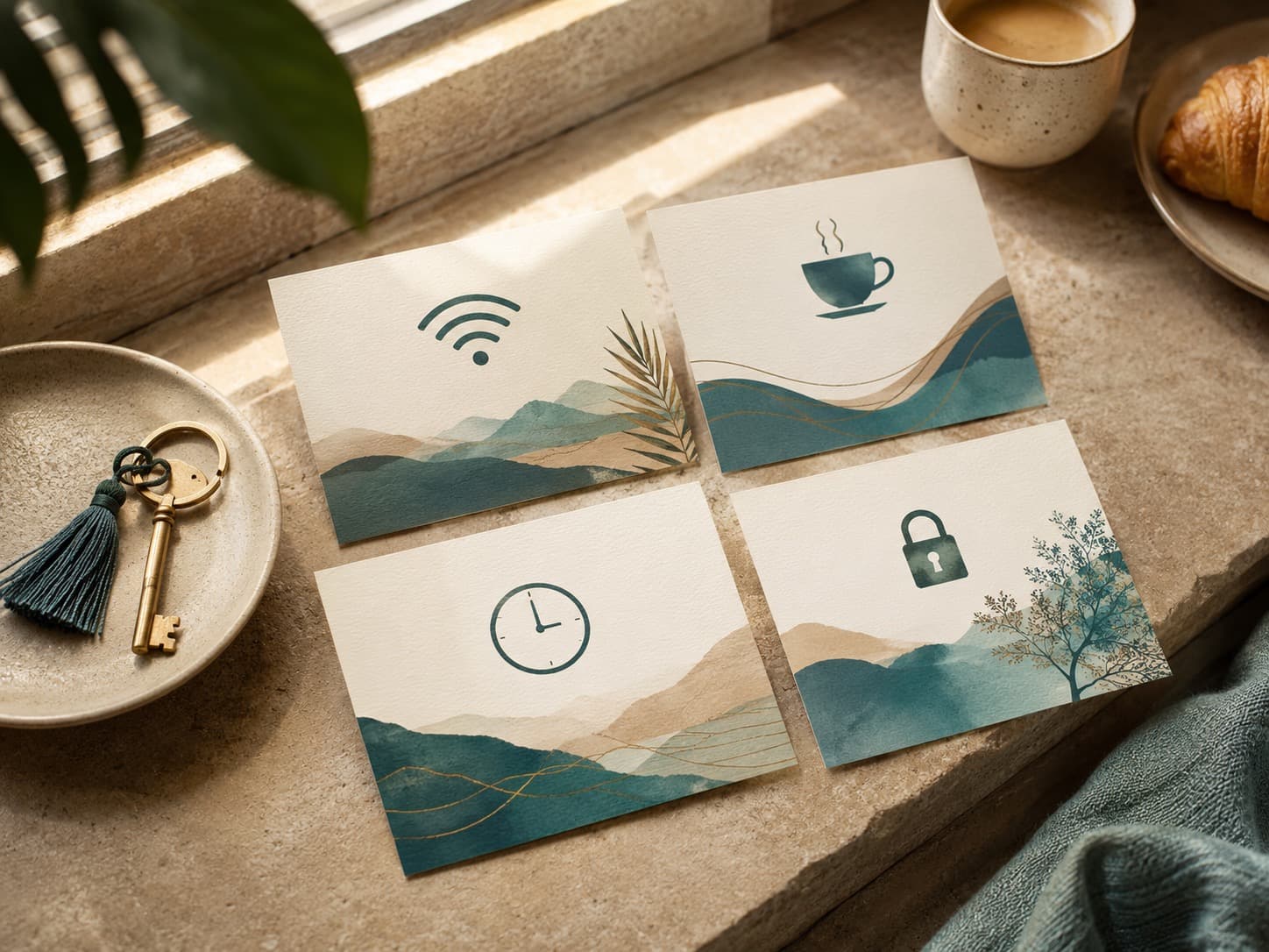 Set of printable welcome information cards with universal symbols