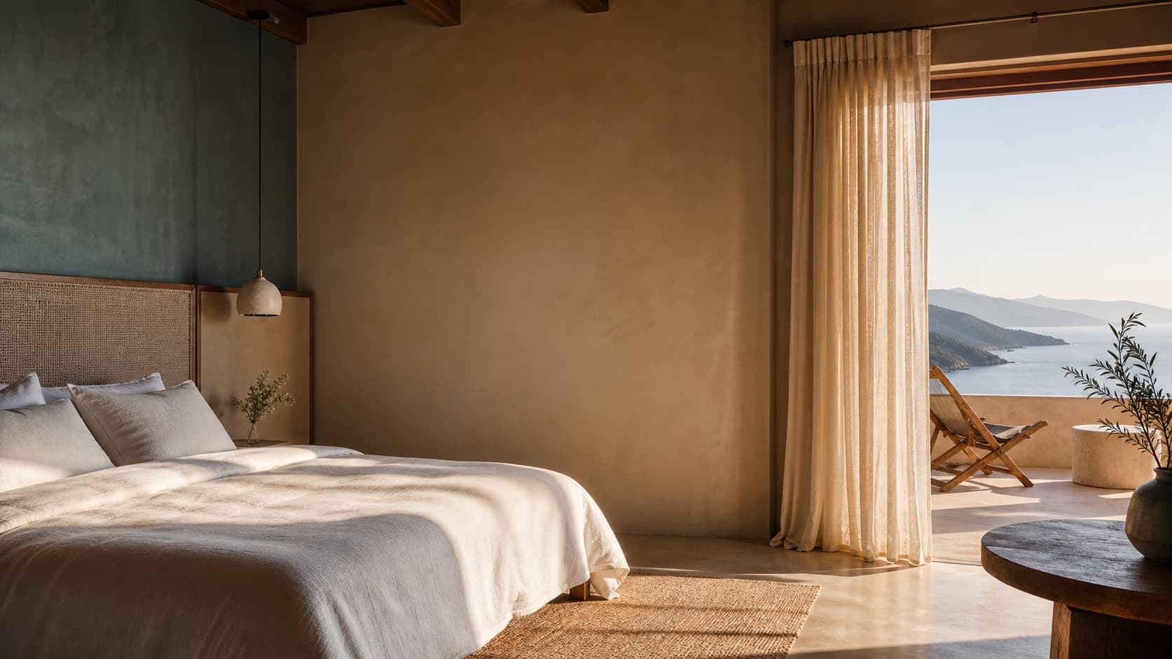 Warm boutique guest room opening to a sea-view terrace