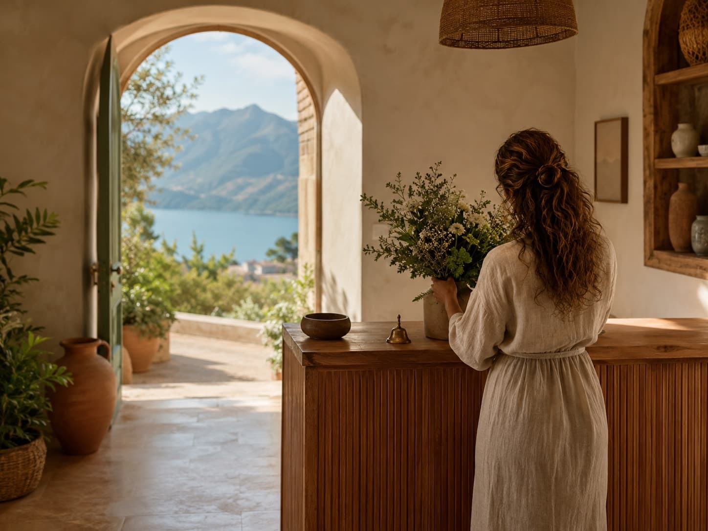Independent accommodation operator arranging flowers at a front desk